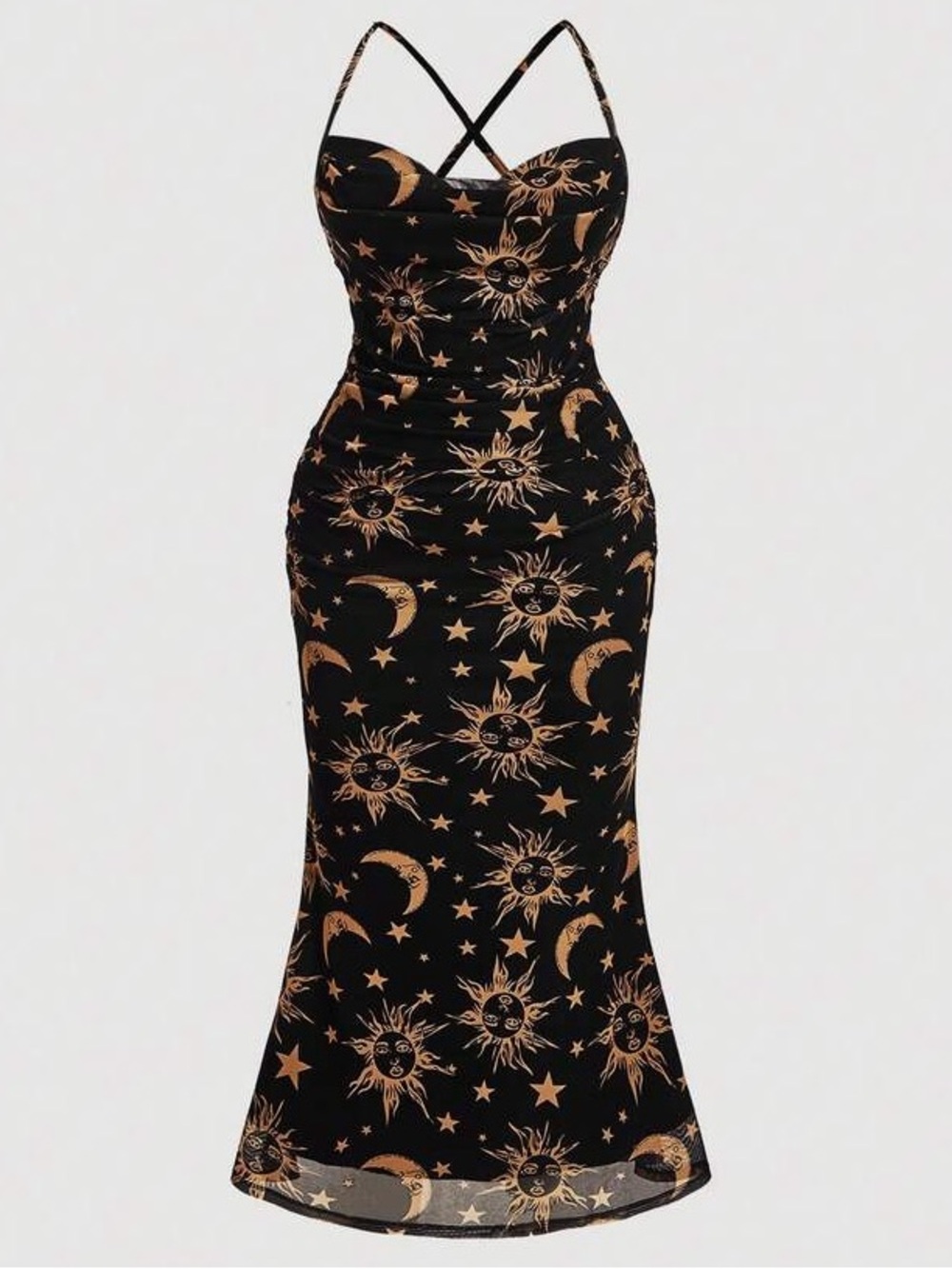 Celestial Black Sun & Moon Print Mermaid Maxi Goth SZ XL - Picture 2 of 4